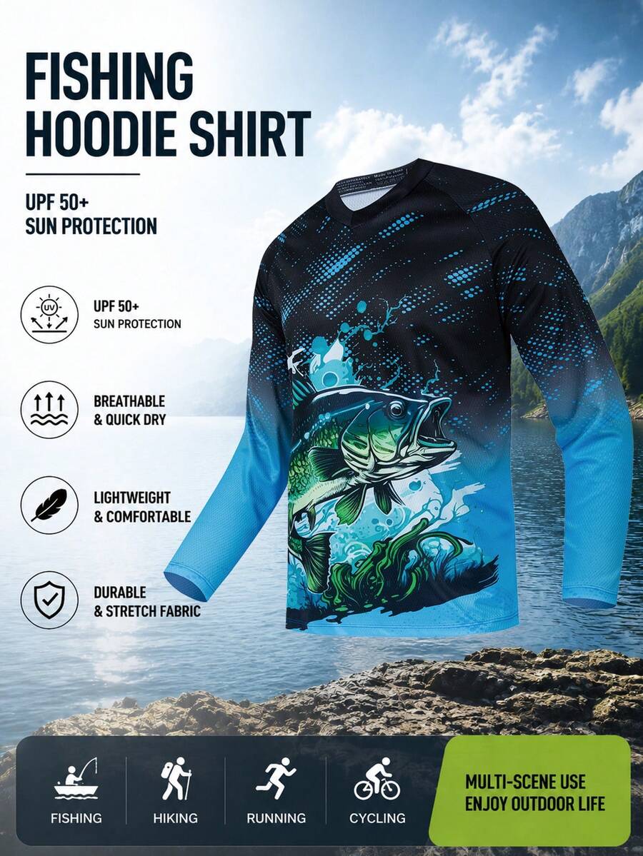 Men's Long Sleeve Fishing T-Shirt, Bass Pattern, Lightweight Quick-Dry Outdoor Fishing Apparel Sports - Multicolor - View 1