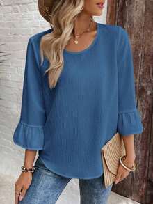 Camisa de mujer de unicolor, minimalista y casual de cuello redondo y manga larga - Azul - Ver 6