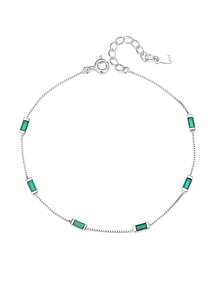 1 chiếc vòng tay bạc 925 cao cấp dạng dây hộp mảnh mai, hình chữ nhật, đính đá Cubic Zirconia màu xanh ngọc lục bảo, có thể điều chỉnh kích thước, trang sức tối giản sang trọng không gây dị ứng, quà tặng cho phụ nữ. - Bạc - Xem 3