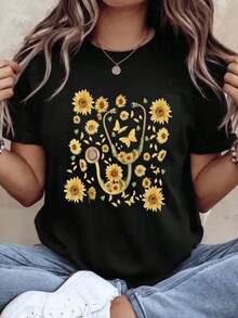 Women's Cotton Sunflower Stethoscope Nurse T-Shirt Medical Professional Flower Design Tee For Women Doctors Nurses Healthcare Workers Gift, Basic Women's Blouses - 黑色 - 查看 1