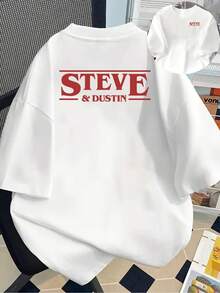 New 180gsm Short-Sleeved T-Shirt, 1% Cotton, With Front And Back Print - STEVE & DUSTIN, Steve And Dustin - Fashionable Printed T-Shirt For Women, Your Best Choice! - Suitable For Layering In Spring And Autumn, And For Wearing Alone In Summer, Unisex Style. - 白色 - 查看 1