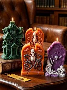Khuôn silicon hình bia mộ và nhà ma Halloween, 3 khuôn hình bộ xương và nhà ma kiểu Gothic, chống dính, dùng cho nến sáp đậu nành và đồ thủ công bằng nhựa. - khuôn - Xem 3
