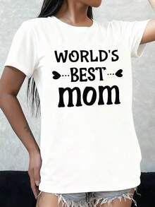 Women's Minimalist Modern T-Shirt "World's Best Mom," White, Elegant, Style 06, For Daily And Weekend Wear, Urban Hip-Hop Style, All-Season Top, Modern Look, Fashionable Print Design, Casual For Everyday Wear - 白色 - 查看 1