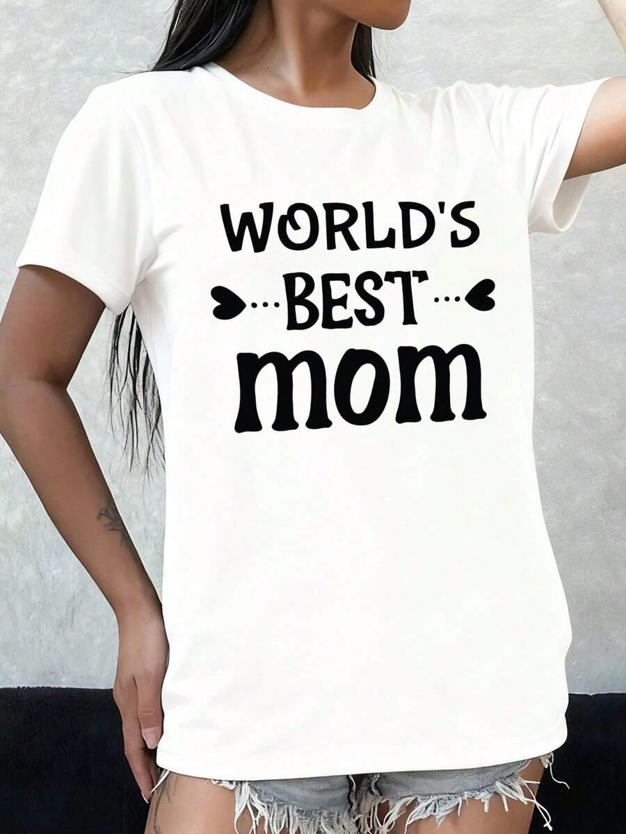 Women's Minimalist Modern T-Shirt "World's Best Mom," White, Elegant, Style 06, For Daily And Weekend Wear, Urban Hip-Hop Style, All-Season Top, Modern Look, Fashionable Print Design, Casual For Everyday Wear - 白色 - 查看 1