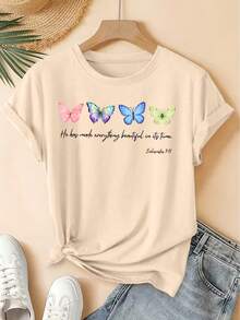 Soft Women's Short Sleeve T-Shirt, Round Neck, Bible Verse And Butterfly Print, Distressed Vintage Style, Casual Top, Soft Knit Fabric, High-Quality Women's Clothing, New Spring/Summer Collection. | Fun And Original Design | Suitable For Everyday Wear In Spring, Summer, And Autumn. | Fun And Youthful Top, Elegant Blouses For Ladies. - 杏色 - 查看 1