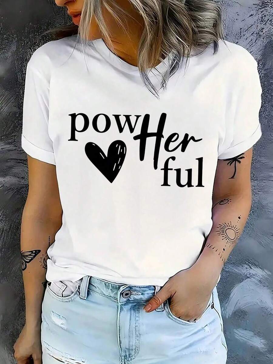 Women's White T-Shirt With Self-Empowerment Heart Print And Positive Affirmations, Harajuku Style, Aesthetic Casual Clothing - Vintage Urban Style, Unisex, Cotton, Short Sleeve, Round Neck, Loose Fit - 白色 - 查看 1