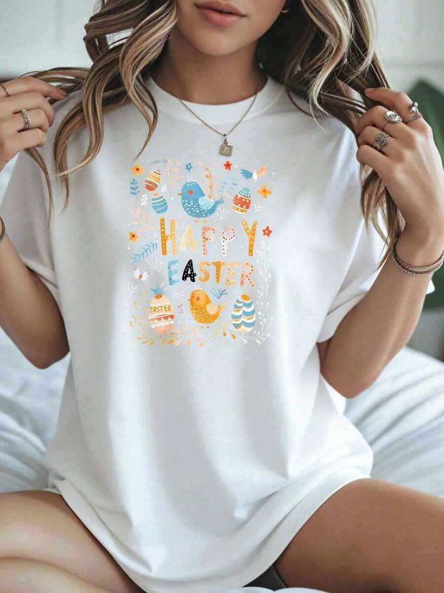 Women's Easter T-Shirt, Graphic Tee For Spring Festival, Easter Egg And Chick Print, Loose Fit, Casual Top For Women, Easter Gift Idea - 白色 - 查看 1