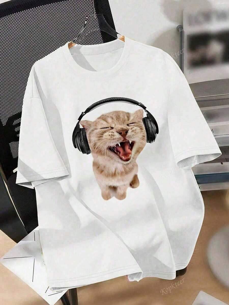 Women's Casual Loose Fit Short Sleeve T-Shirt With Round Neck And Cat Print With Headphones - 白色 - 查看 1