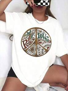 100% Cotton. Women's Oversized Peace And Love Print T-Shirt, Casual Summer Top With Boho Design, Comfortable, Loose Fit, Fashionable Piece, 100% Cotton. Women's Simple Solid Color T-Shirt, Loose And Slim Fit Casual Short Sleeve - 白色的 - 查看 10