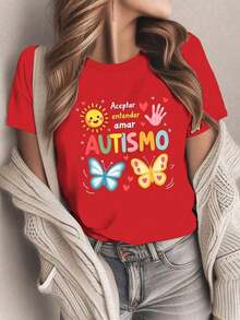 Gift Comfortable Graphic Shirts For Women That Promote Autism Awareness In Spanish 100% Cotton Soft - Rojo - View 3