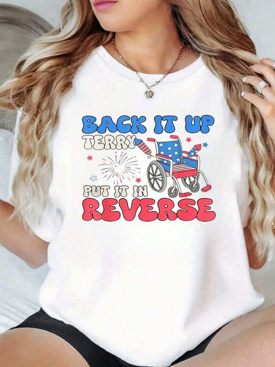 100% Cotton. The Print Features A Wheelchair Adorned With The Colors Of The American Flag And Fireworks Symbolizing Independence, Courage, And Joy. Women's 100% Cotton T-Shirt, Comfortable And Modern. Women's Simple Solid Color T-Shirt, Loose And Slim Fit Casual Short Sleeve - 白色的 - 查看 1