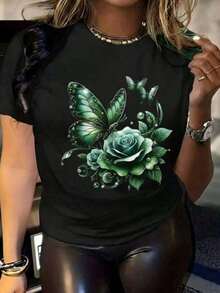 Women's Blouses, Women's Casual Style Graphic Print Butterfly And Pink Loose Round Neck Short Sleeve Spring Summer Daily Wear T-Shirt, Women's T-Shirt - 黑色 - 查看 1