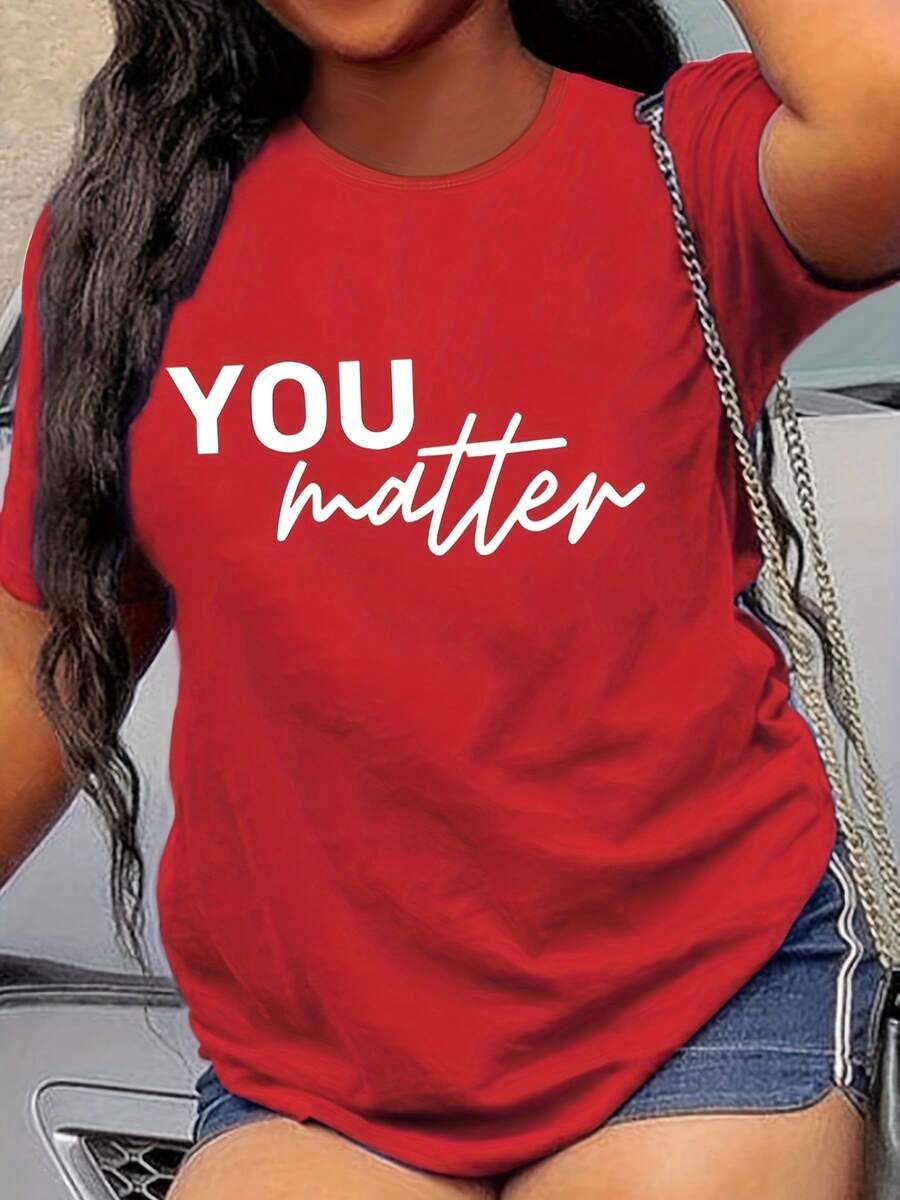 Women's Casual Crew Neck T-Shirt With "You Matter" Print, 100% Polyester Knit Fabric, Short Sleeves, Regular Fit, Comfortable For All Seasons, Inspirational Clothing. | Casual Style T-Shirt | Women's Medium-Stretch Top - 紅色 - 查看 1