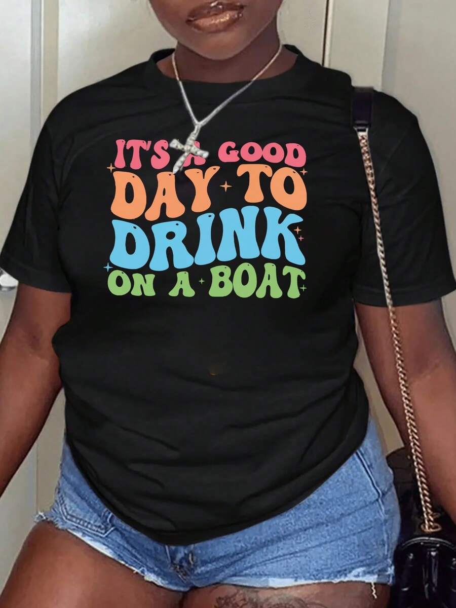 Women's Short-Sleeved T-Shirt With Vintage Print "IT'S A GOOD DAY TO DRINK ON A BOAT", Casual Black Round Neck T-Shirt, Elastic, Machine Washable, Suitable For Sports And Leisure In Spring/Summer/Autumn. - 黑色 - 查看 1