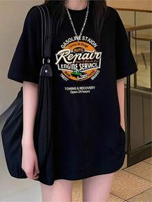 1 Pieza Camiseta Unisex Holgada 180g 100% Algodón Puro, Camiseta negra moderna estilo urbano con estampado gráfico vintage, ideal para amantes de la mecánica, cómoda y transitable, perfecta para el día a día, disponible en varias tallas, categoría moda casual,  actual. Cómoda y versátil para escuela, trabajo, salidas y eventos casuales - Negro - Ver 6