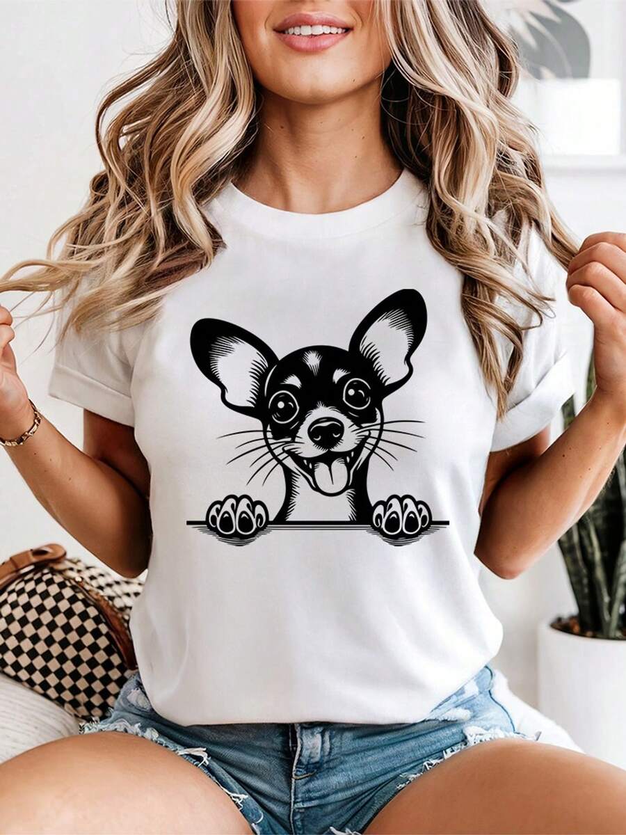 Women's T-Shirt With A Chihuahua Peeking Out, Cute Graphic Tee For Dog Lovers, Black And White Dog Breed Print Top, Casual Wear For Pet Owners - 白色 - 查看 1