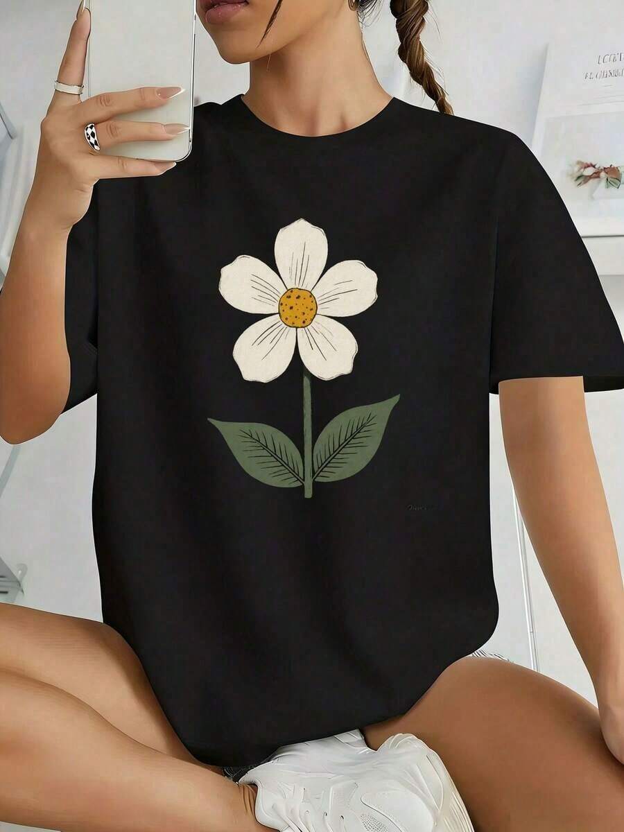 Premium Fashionable And Comfortable White T-Shirt With White Flowers And Yellow-Green Leaves | The Perfect Choice For Selfie Outfits, Paired With White Sneakers And Braided Hair. Regular Fit, Crew Neck, Short Sleeves, Great Gift Idea - 黑色 - 查看 1