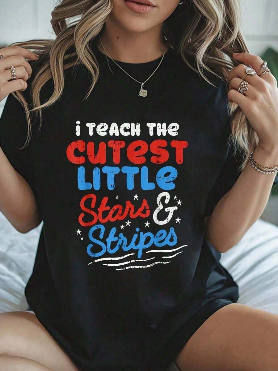 Women's Plus Size Clothing, 100% Pure Cotton. Funny "I Teach The Cutest Funny 4th Of July USA Pride Teacher Gift" T-Shirt For Women, Comfortable And Cozy, Spring/Summer Styles, Holiday Outfits For Women, Suitable For Women's Casual Daily Wear. - 黑色 - 查看 1