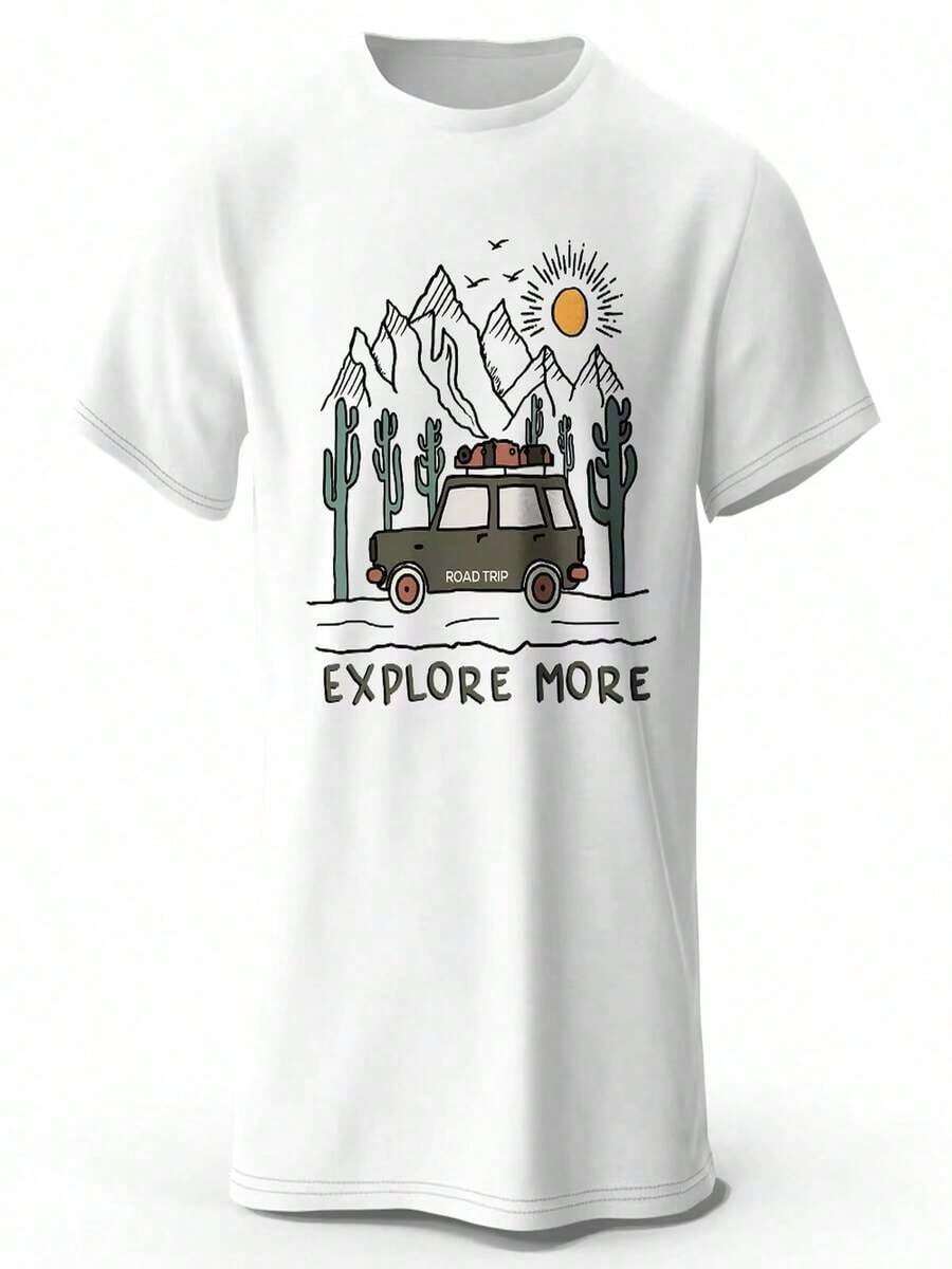 1pc Unisex T-Shirt With Retro National Park Badge Print, 100% Pure Cotton, Classic Print, Hiking Set. - 白色的 - 查看 1
