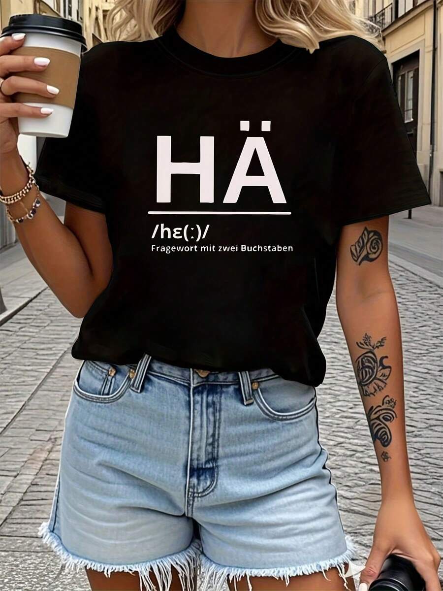 Women's T-Shirt With The Word "HA" Printed In German, Short Sleeves And Round Neck, Casual Style For Summer And Spring, Women's Clothing, Casual Printed T-Shirt, Short Sleeves And Round Neck, Local Urban Spring/Summer Fashion. - 黑色 - 查看 1