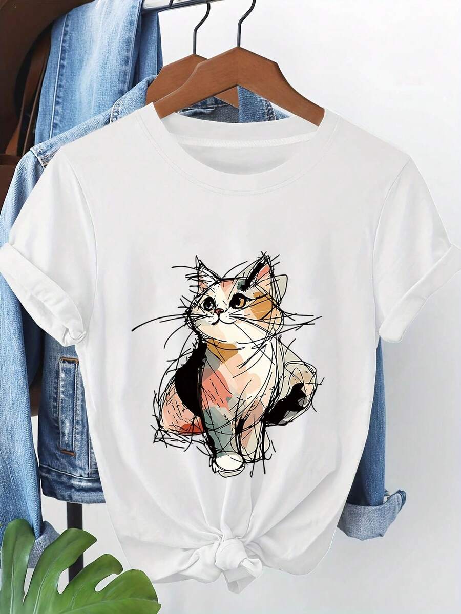 Women's T-Shirt With Handmade Cat Print - Short Sleeve Crew Neck Blouse - Medium Stretch Fabric Top | Casual Spring/Summer Wear Suitable For Everyday Outfits, Machine Washable For Cat Lovers. Women's Casual Printed T-Shirt, Short Sleeve, Crew Neck, Local Spring/Summer Streetwear. - 黑色 - 查看 1