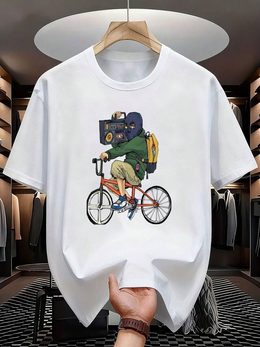 Men's Urban Style T-Shirt With Masked Biker, Scooter, And Hip-Hop Speaker Print - Creative Graffiti Art Design | Classic Black, White, Navy, And Gray Colors. | Breathable And Lightweight Casual Style For All Seasons. | Quick-Drying Outdoor Athletic T-Shirt - 白色 - 查看 1