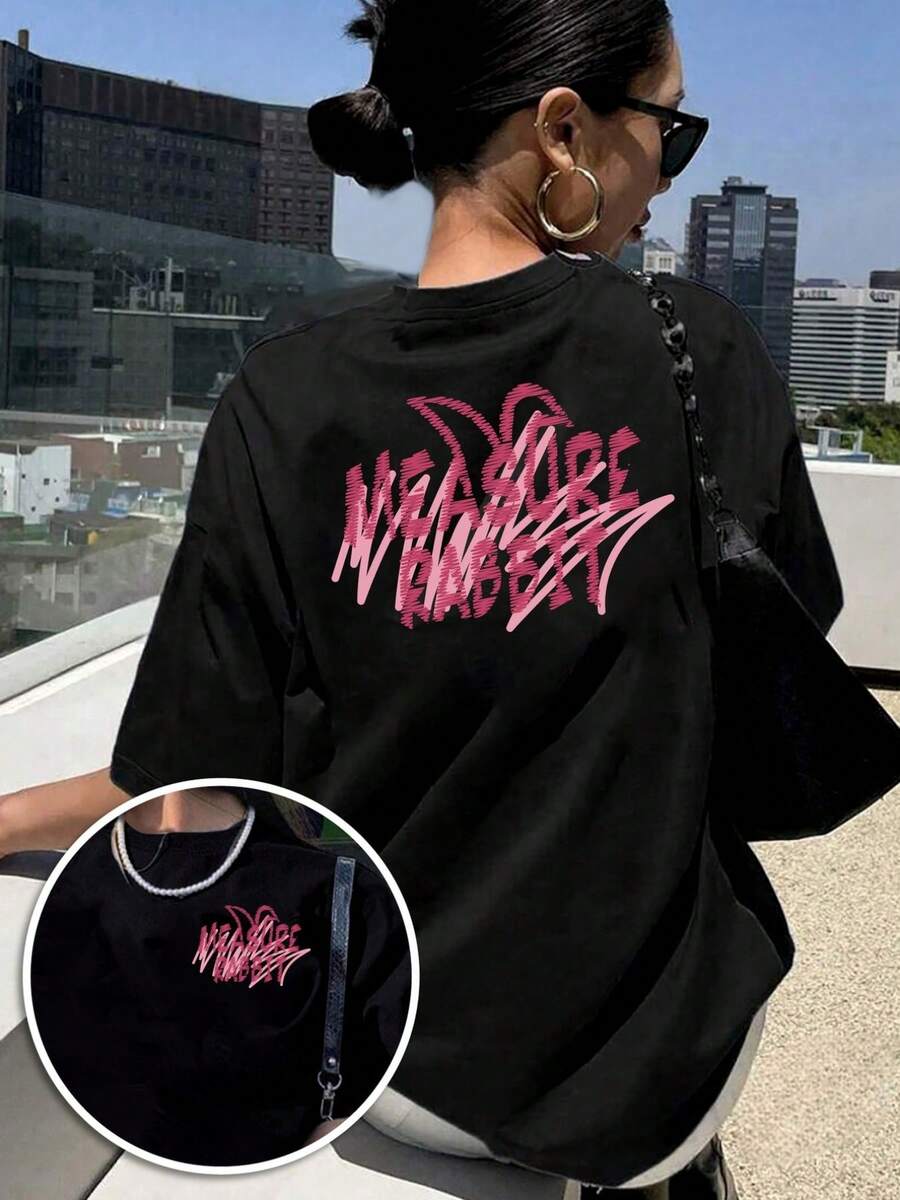 | Exquisite Design | Loose And Comfortable | Easy To Match | Women's T-Shirt With Front And Back Print, MEASURE RABBIT, Round Neck, Casual And Modern Style, Short Sleeve With A Measuring Rabbit Design, Suitable For Fitness In All Seasons And Daily Wear, With A Fun Printed Design. - 黑色 - 查看 1