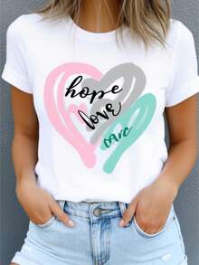 Women's Casual Sports T-Shirt With Colorful Heart Design - White Elastic Round Neck T-Shirt, Machine Washable, Comfortable Fit And Suitable For All Seasons, Perfect To Match With Distressed Jeans. - 白色 - 查看 1