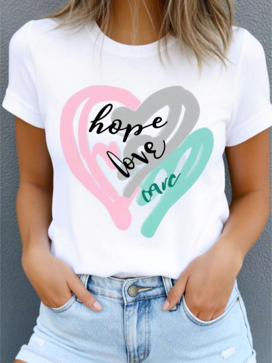 Women's Casual Sports T-Shirt With Colorful Heart Design - White Elastic Round Neck T-Shirt, Machine Washable, Comfortable Fit And Suitable For All Seasons, Perfect To Match With Distressed Jeans. - 白色 - 查看 1