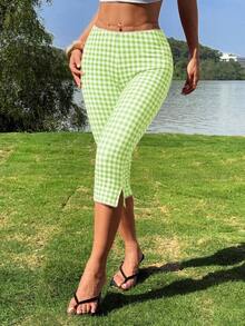 Leggings Elásticos de Punto a Cuadros Rojos para Mujer - verde menta - Ver 6