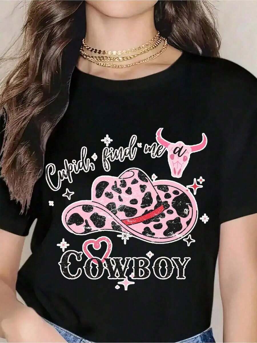 Women's T-Shirt, Women's T-Shirt With Pink Leopard Print And Cupid Looking For A Cowboy Design, With Hat And Bull Skull, Western Style For Valentine's Day, Cute Country Style T-Shirt, Valentine's Day Gift For Women - 黑色 - 查看 1