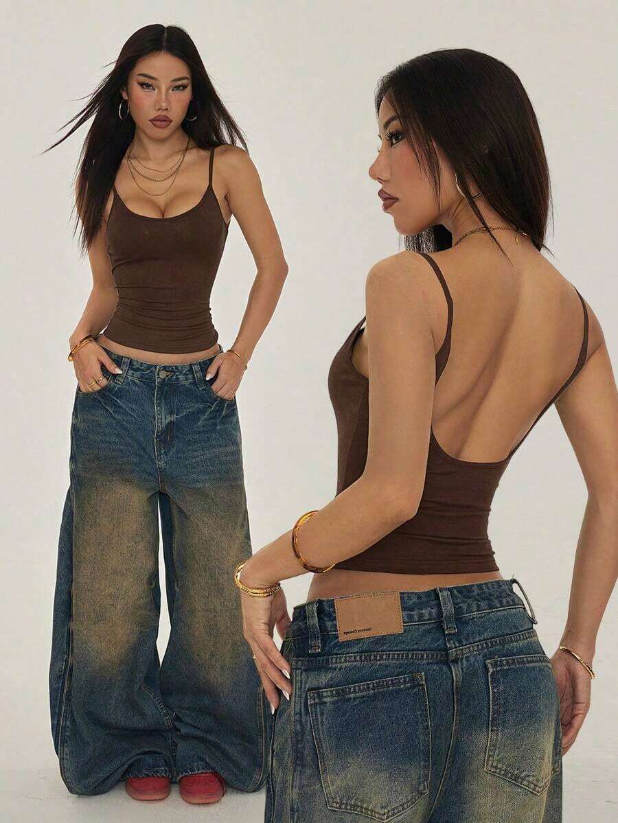 PETITE Camisola sin Mangas con Bajo Arrugado para Mujer, Estilo Casual, Color Sólido - Café integral - Ver 1