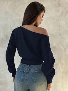 Top de manga larga asimétrico de hombro de punto de color albaricoque para mujer, otoño/invierno - Azul marino - Ver 2