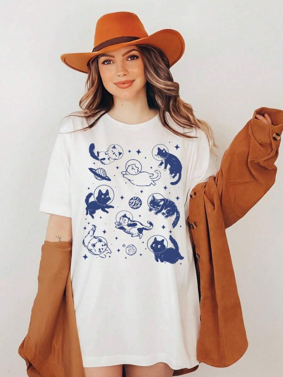 Camiseta estampada premium de verano para mujer, camiseta de gato espacial, camiseta de gato divertida, camiseta de corte holgado, camiseta con estampado estético vintage, regalo para amantes de los gatos, camiseta de gato. - Blanco - Ver 1