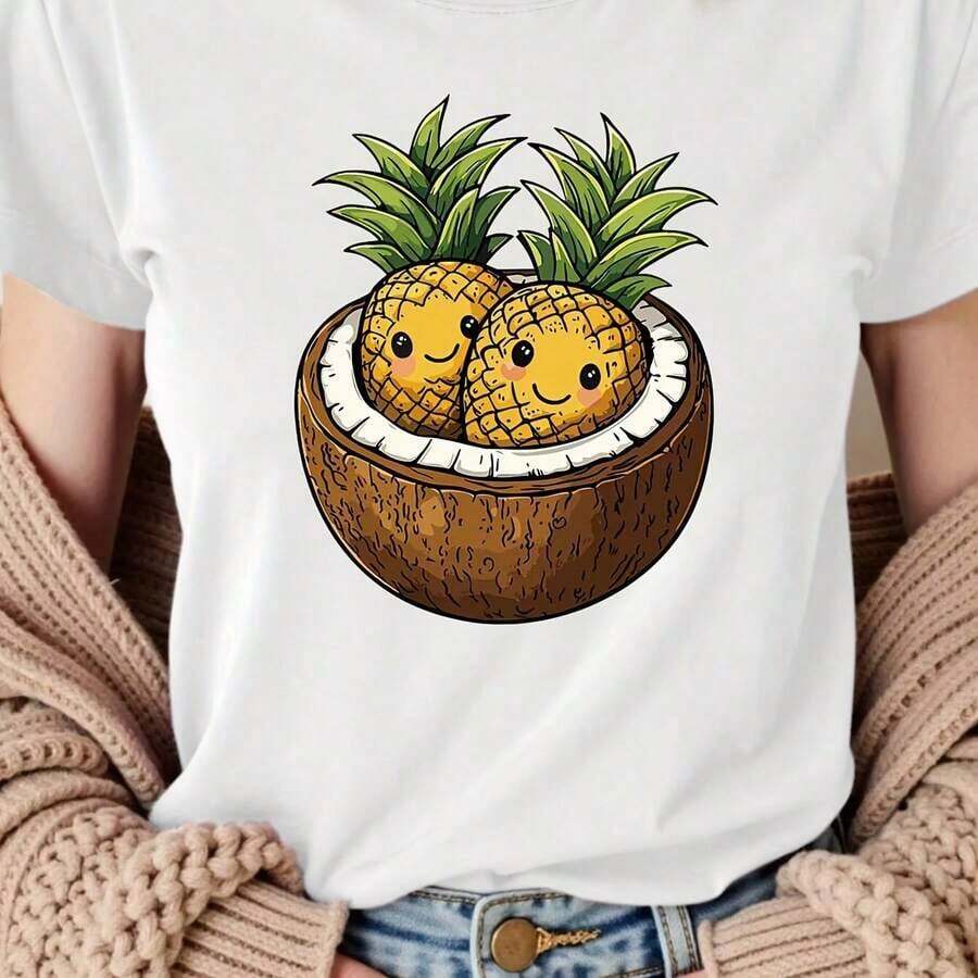 Women's Camisole With Smiling Pineapple And Coconut Print, Short Sleeve Tropical Beach Blouse, Stylish Spring/Summer Top, Suitable As A Gift. Women's T-Shirt. Blouses > Elegant. Boho Chic. Soft, Breathable, And Comfortable Women's Top, Ideal For Spring, Summer, And Autumn, Perfect For Vacations, Travel, And Everyday Wear. - 白色 - 查看 1