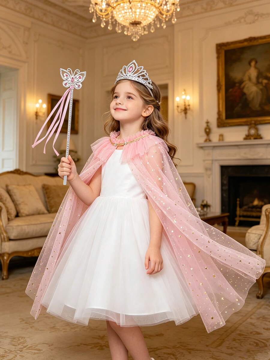3pcs/Set Pink Glitter Star Cloak, Crown, Magic Wand Set, Girls Christmas, Halloween, Carnival Costume, Party, Stage Performance, Cosplay Outfit - Pink - View 1