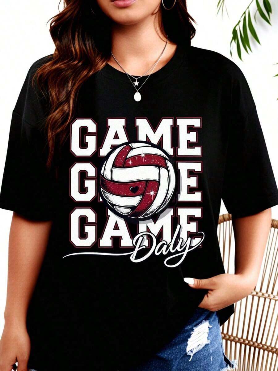 Women's T-Shirt, Women's Sports T-Shirt With Heart Design And Sparkling Details, Perfect For Volleyball Fans And Players, For Everyday Wear Or As A Team Uniform - 黑色 - 查看 1
