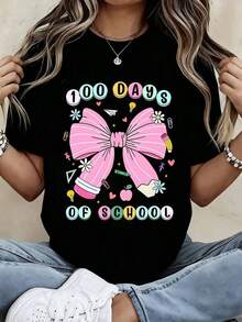 Women's T-Shirt, Girls' T-Shirt, Graphic T-Shirt With Pink Bow "100 Days Of School" For Kids And Teachers, Celebration T-Shirt With Adorable School Design, Colorful Elements And Educational Icons, Perfect For School Parties Or School Events - 黑色 - 查看 7