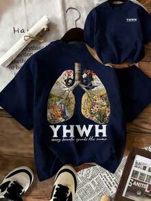 Women's Beige Short-Sleeved T-Shirt With YHWH Letter Print And Landscapes, Round Neck, Casual Style, Loose And Versatile, Ideal For Everyday Wear And Holidays. - 海軍 - 查看 6