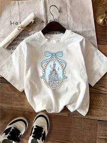 Short-Sleeved T-Shirt With Castle Bow Print, Casual Style, Round Neck, Summer Clothes For Women, Elegant Casual Wear For Women. - 白色 - 查看 1