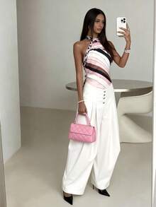 Vintage Elegant Sexy Halter Backless Tie Satin Abstract Print Summer Blouse For Women - Pink - View 8