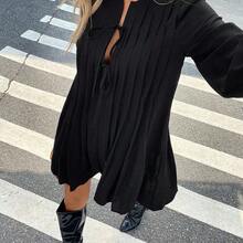 Vestido de manga larga a rayas, estilo francés, plisado, vestido negro de mujer de manga larga de temporada, ropa de mujer retro, elegante - Burdeos - Ver 4