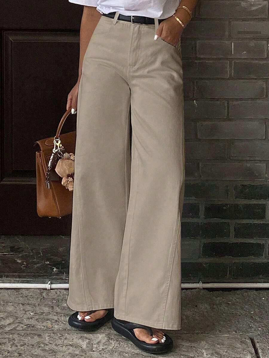Jeans casuales de cintura media, pierna recta y corte holgado para mujer - Albaricoque - Ver 1