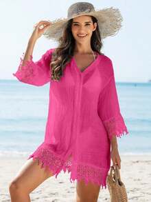 Swim Vcay Kimono cubrecuerpo para damas de un solo color con aplicaciones de encaje y botones delanteros - Rosa Fucsia - Ver 1