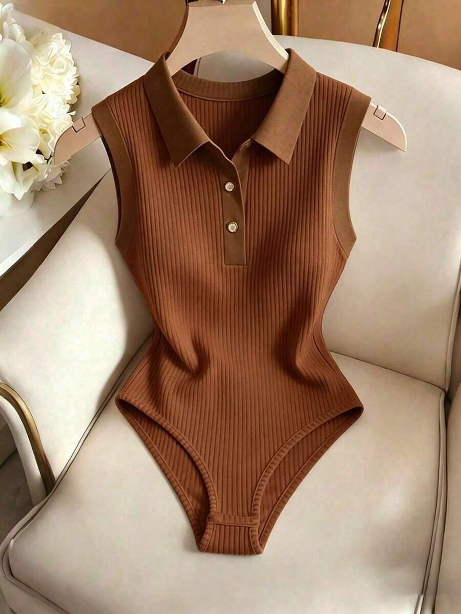 Mono elegante y versátil de punto con cuello de solapa semi-abierto, mono de mujer para primavera/verano, mono de mujer para vacaciones, mono de mujer para playa, conjunto de verano para mujer, mono de playa, mono para salir, mono para graduación, mono de vacaciones, mono casual, mono blanco, mono blanco, mono blanco de una pieza para mujer, mono blanco de verano para mujer - Marrón - Ver 1