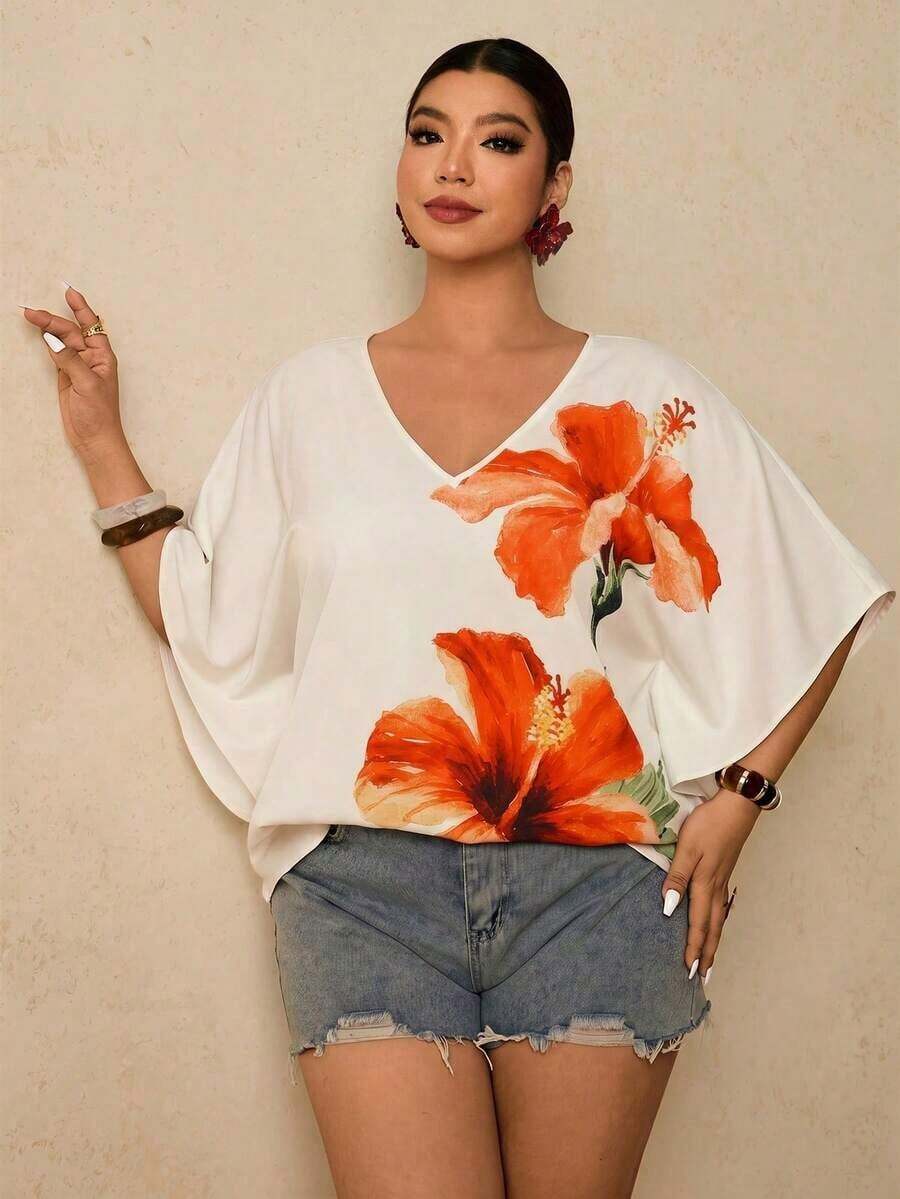 Blusa holgada con estampado floral para mujer de talla grande - Naranja - Ver 1