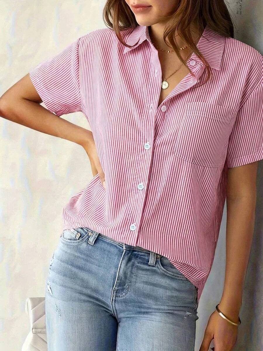 Blusa de mujer con rayas, blusa casual de manga corta, de verano - Burdeos - Ver 1