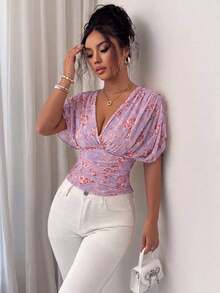 Blusa sexy con mangas de murciélago plisadas y ajustadas - Púrpura malva - Ver 5
