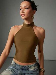 Top de tirantes ajustado y corto de color liso casual para mujer - Marrón - Ver 7