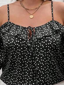 Camiseta romántica con volantes y escote descubierto de corazoncitos para vacaciones, talla grande.Ideal para fiesta casual, picnic o San Valentín. - Negro - Ver 5